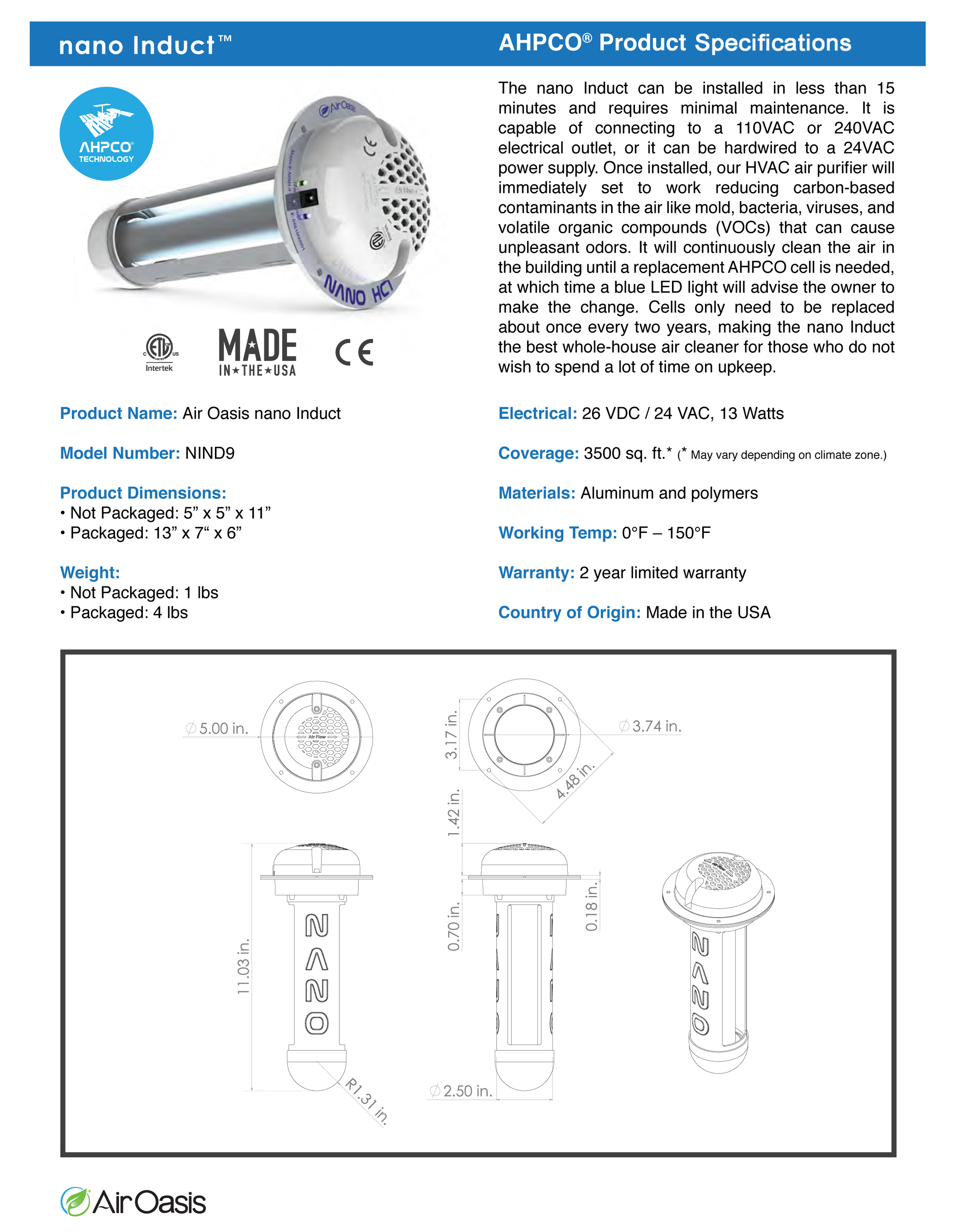 AirOasis NANO Induct Whole Home Air Purifier, NIND9